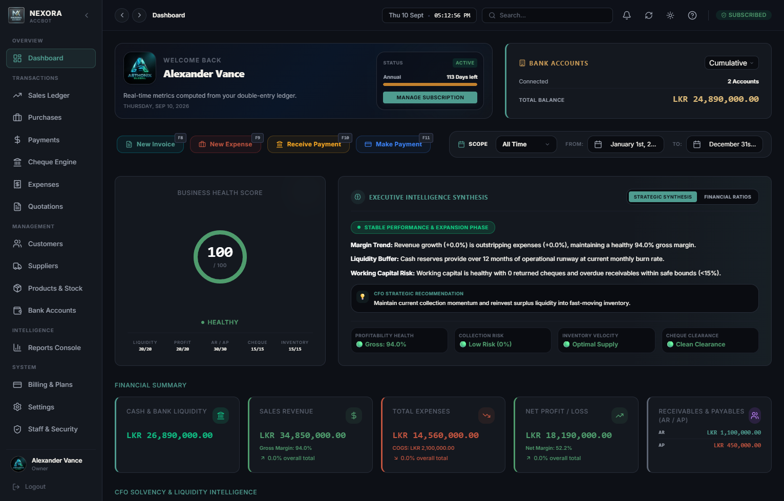 Nexora Accbot Financial Operating System - Dark Mode